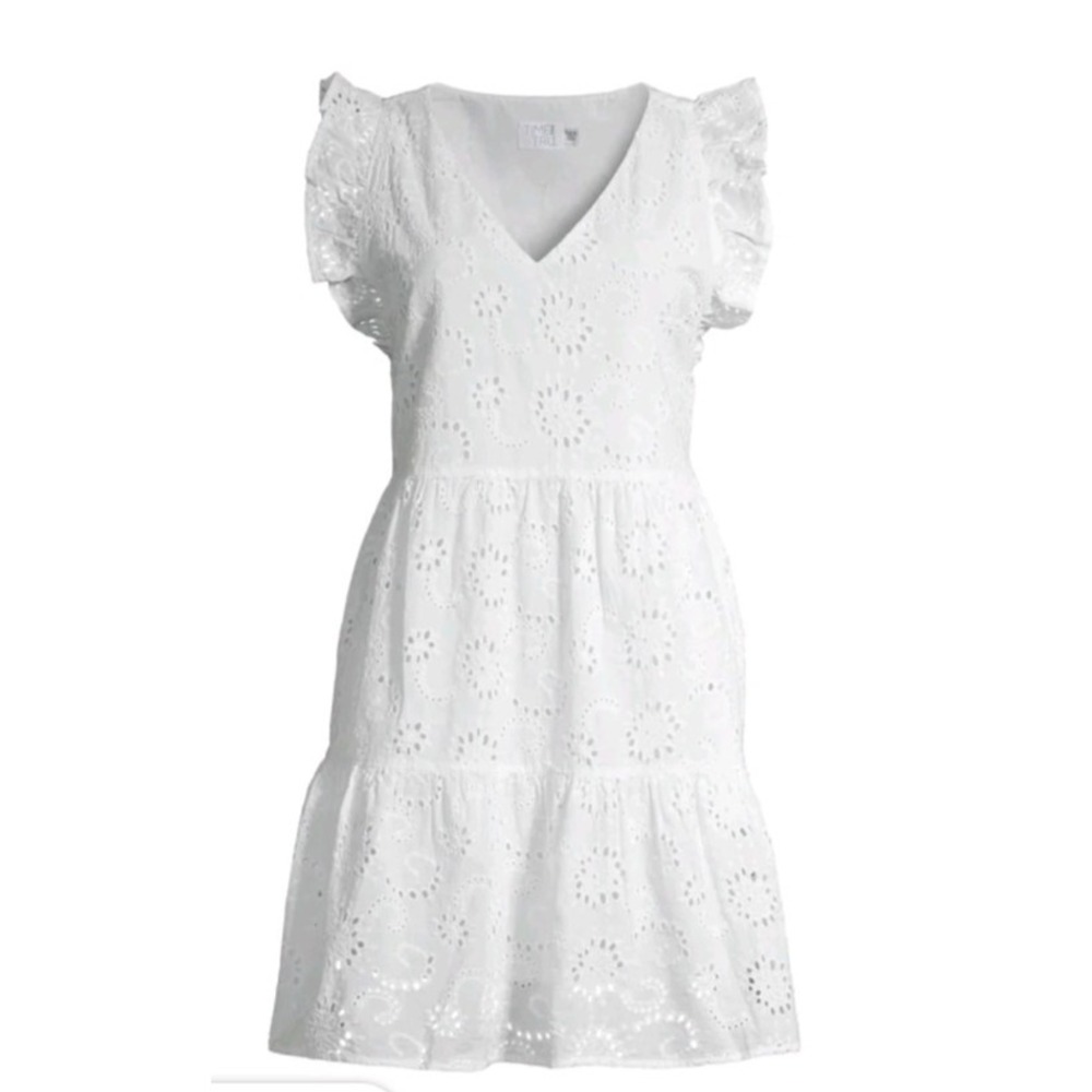NWT‎ White Eyelet Ruffle Tiered V-Neck Sleeveless Short Dress Lined Medium Beach